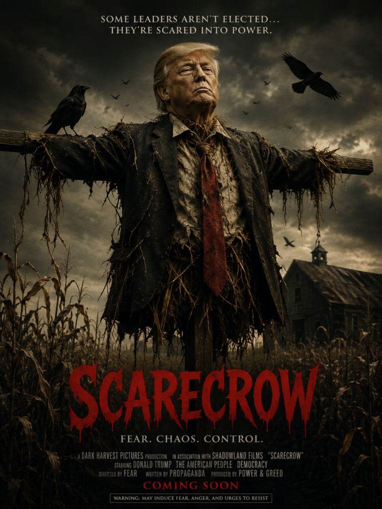 Image satirique générée par IA, dépeignant Donald Trump comme un épouvantail dans une affiche de film d'horreur
