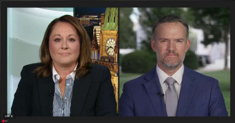 Screen capture of an interview ofJamieson Greer by Rosemary Barton on the CBC