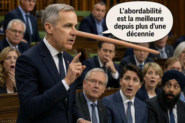 Satirical picture showing Mark Carney in the House of Commons with Pinochio's nose