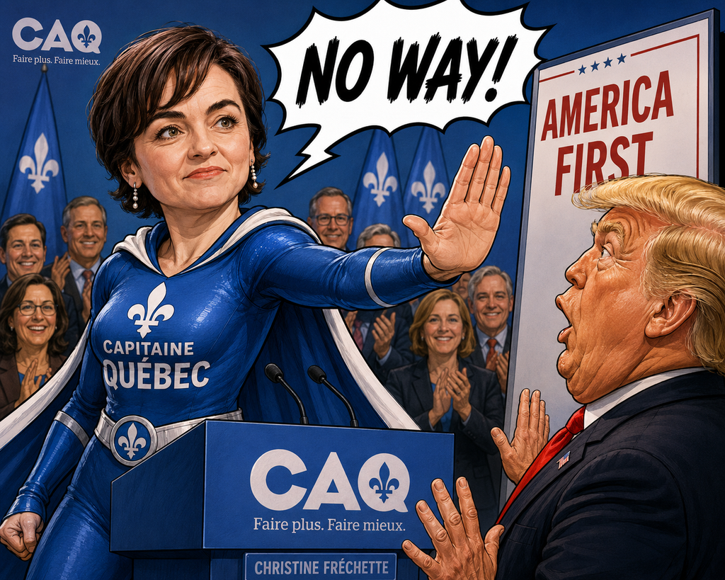 Caricature de Christine Fréchette en Capitaine Québec qui crie «No Way!» à Donald Trump