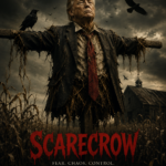 Satirical picture depicting Donald Trump as a scarecrow in a horror film poster