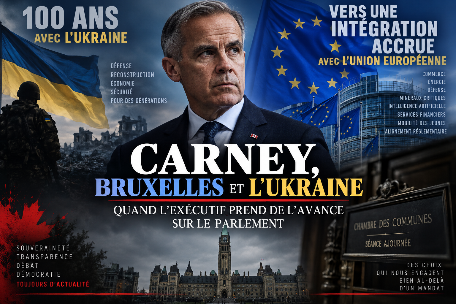 En quelques jours, Mark Carney a engagé le Canada sur deux trajectoires à très long terme : un futur partenariat de cent ans avec l’Ukraine et une intégration sans précédent avec l’Union européenne. Les deux projets peuvent se défendre. Mais lorsqu’il est question de choix susceptibles de survivre à plusieurs gouvernements, une autre question s’impose : à quel moment le Parlement et les Canadiens auront-ils réellement leur mot à dire?