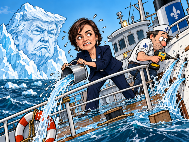 Caricature de Christine Fréchette écopant sur un navire en perdition pendant qu’un membre d’équipage perce la coque, avec un iceberg à l’effigie de Donald Trump.