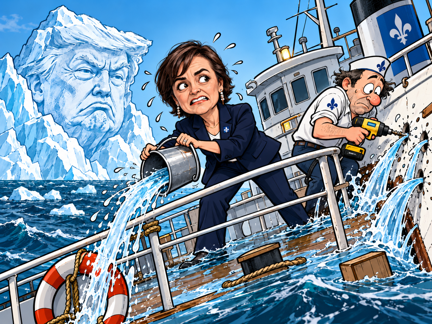 Caricature de Christine Fréchette écopant sur un navire en perdition pendant qu’un membre d’équipage perce la coque, avec un iceberg à l’effigie de Donald Trump.