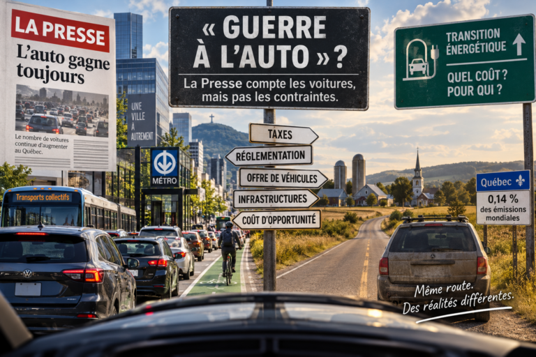 « Guerre à l’auto » : La Presse compte les voitures, mais pas les contraintes 8 Le parc automobile continue de croître au Québec. Cela ne nous dit pourtant pas si les politiques publiques rendent progressivement l’automobile plus coûteuse, plus contraignante ou moins accessible. Pour répondre sérieusement à la question, il faut mesurer les contraintes, pas compter les voitures.