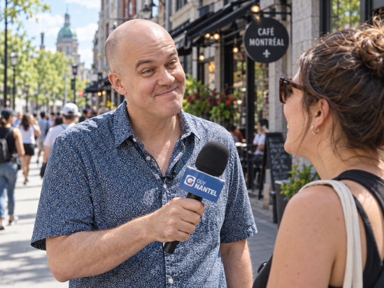 Guy Nantel réalisant un vox pop dans la rue au Québec