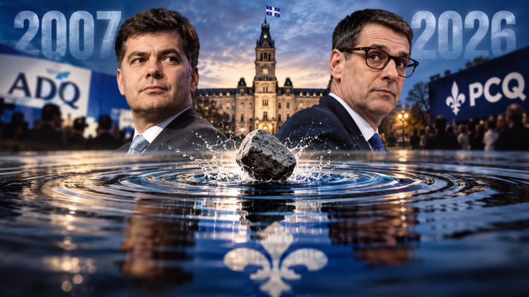 Mario Dumont en 2007 et Éric Duhaime en 2026, illustration du parallèle entre l’ADQ et le PCQ