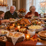Famille de plusieurs générations réunie autour d’une dinde et d’un repas traditionnel de l’Action de grâce.