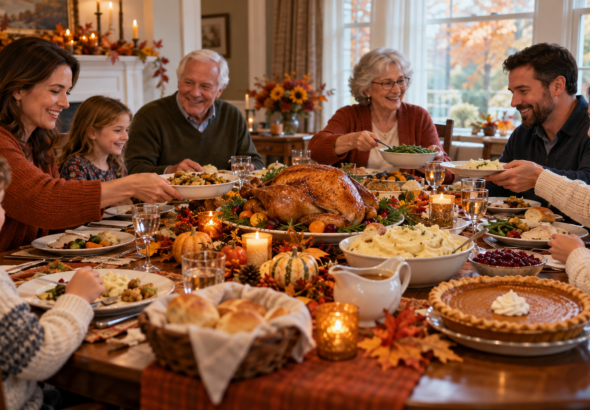 Famille de plusieurs générations réunie autour d’une dinde et d’un repas traditionnel de l’Action de grâce.