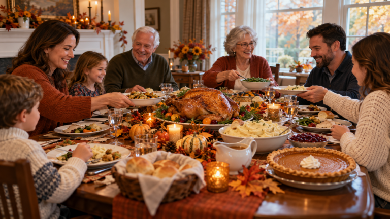 Famille de plusieurs générations réunie autour d’une dinde et d’un repas traditionnel de l’Action de grâce.