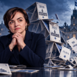 Christine Fréchette devant un château de cartes politique en train de s’effondrer, illustration de la défaite de la CAQ en 2026