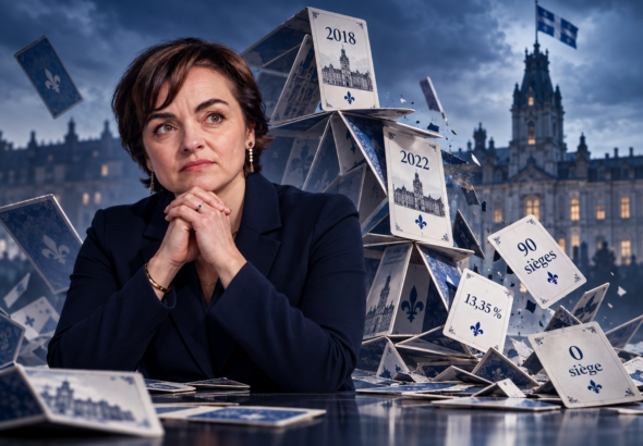 Christine Fréchette devant un château de cartes politique en train de s’effondrer, illustration de la défaite de la CAQ en 2026
