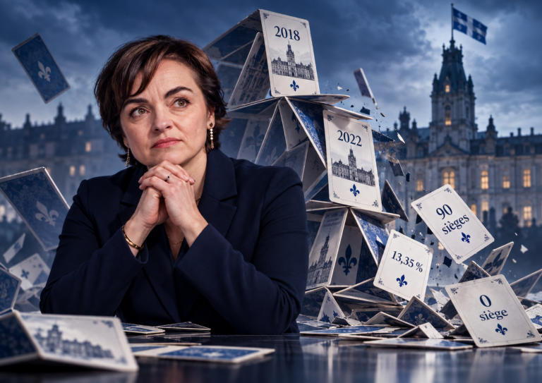 Christine Fréchette devant un château de cartes politique en train de s’effondrer, illustration de la défaite de la CAQ en 2026