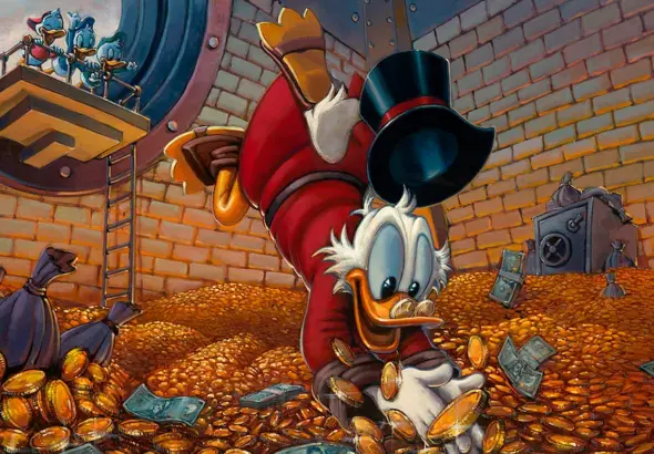 Le syndrome de l’oncle Picsou : sept mythes populaires sur la richesse 18 L'oncle Picsou dans son coffre rempli de pièces d'or, illustration du mythe de l'accaparement des richesses.