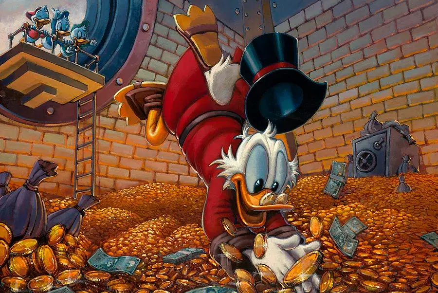 L'oncle Picsou dans son coffre rempli de pièces d'or, illustration du mythe de l'accaparement des richesses.