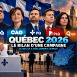 Bilan de la campagne électorale du Québec 2026 avec les cinq principaux partis et une urne