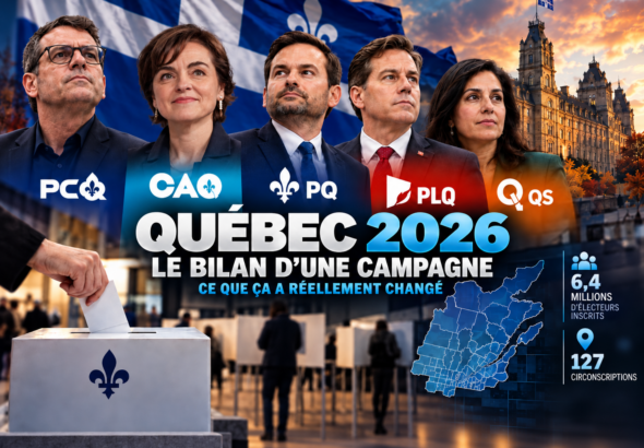 Bilan de la campagne électorale du Québec 2026 avec les cinq principaux partis et une urne
