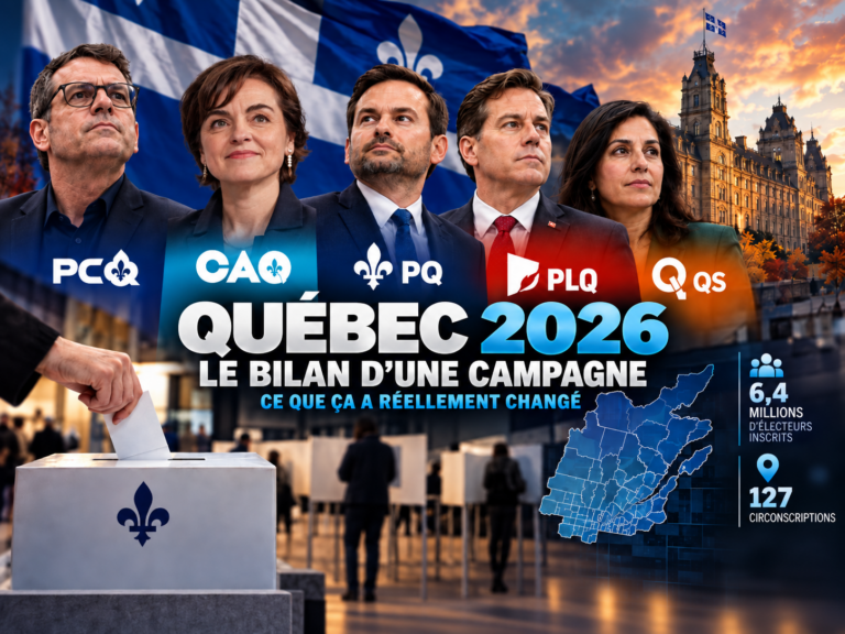 Bilan de la campagne électorale du Québec 2026 avec les cinq principaux partis et une urne