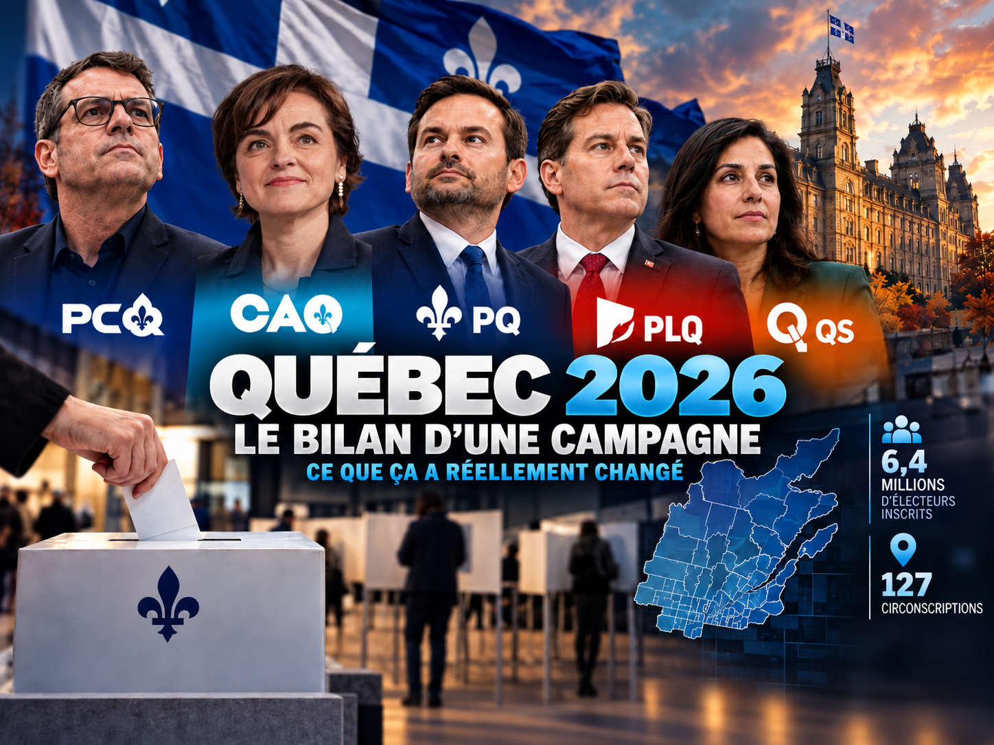 Bilan de la campagne électorale du Québec 2026 avec les cinq principaux partis et une urne